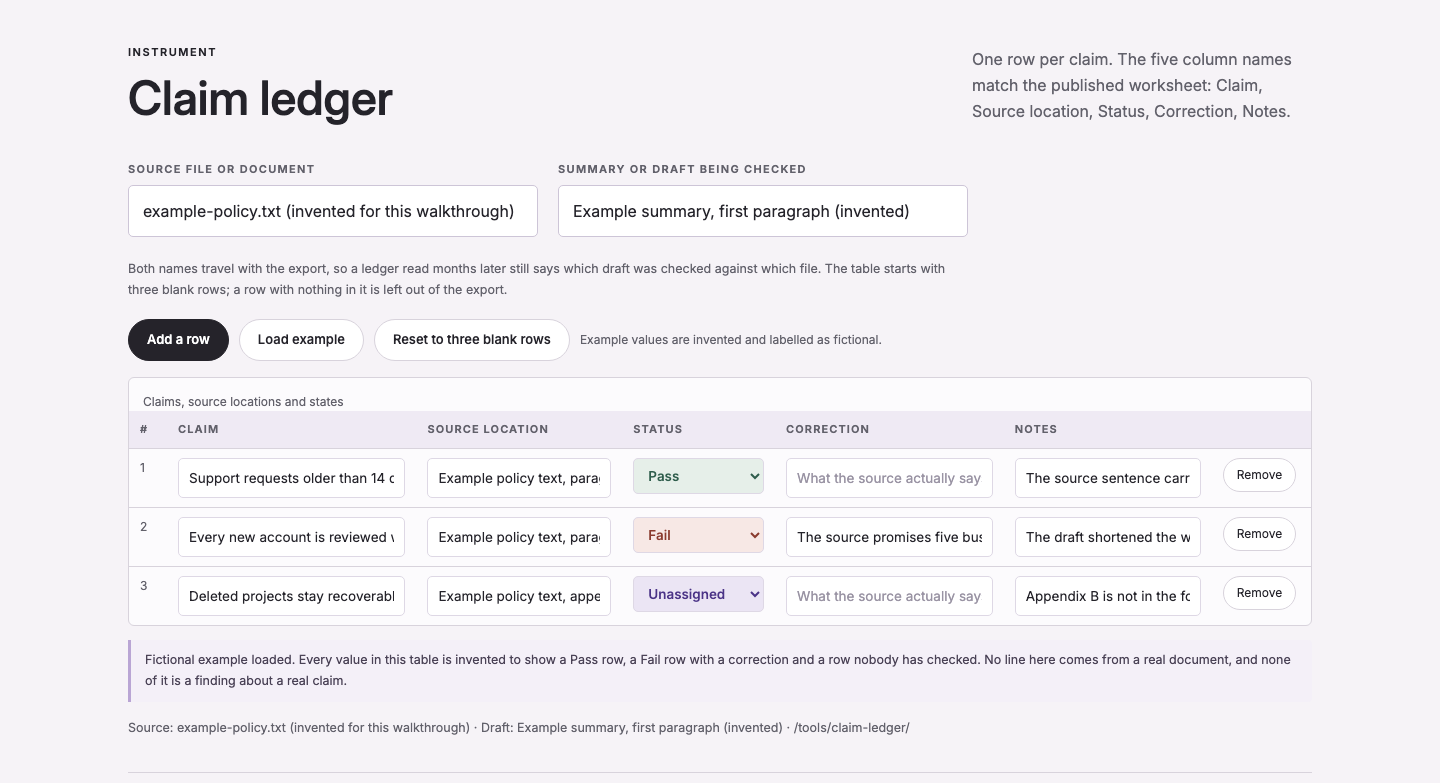 Claim and source ledger instrument screenshot, ToolVerity build captured 2026-09-14, 2026-09-14, five columns over an example the page labels as invented