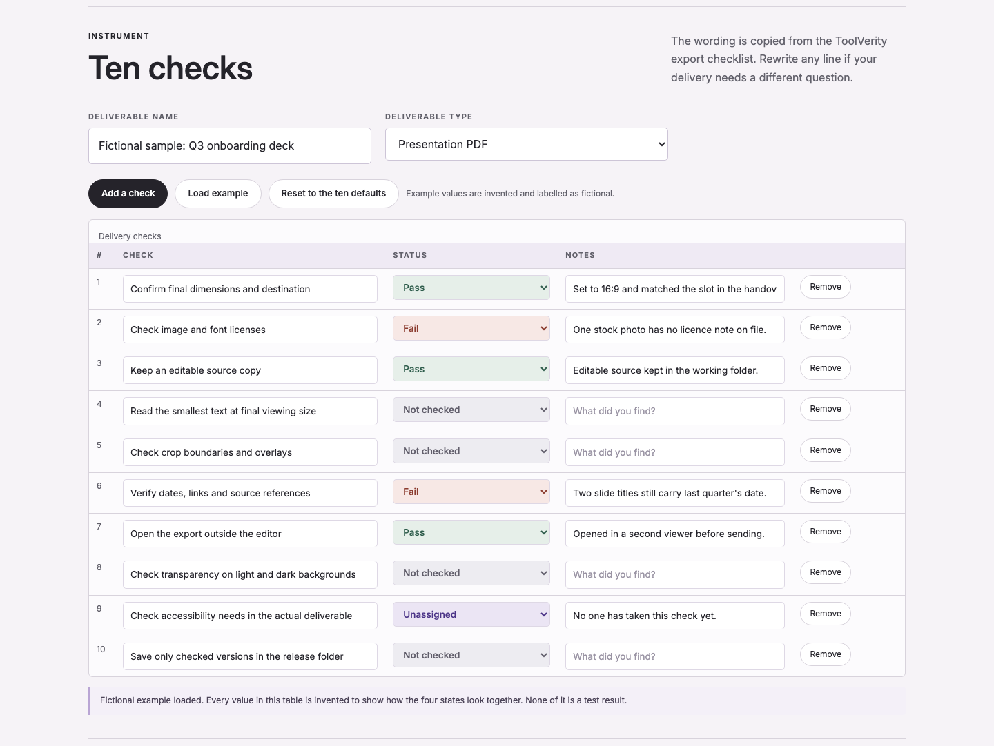 Preflight check runner instrument block, ToolVerity capture dated 14 September 2026, ten delivery checks after the sample row set was loaded showing Pass 3, Fail 2, Not checked 4 and Unassigned 1